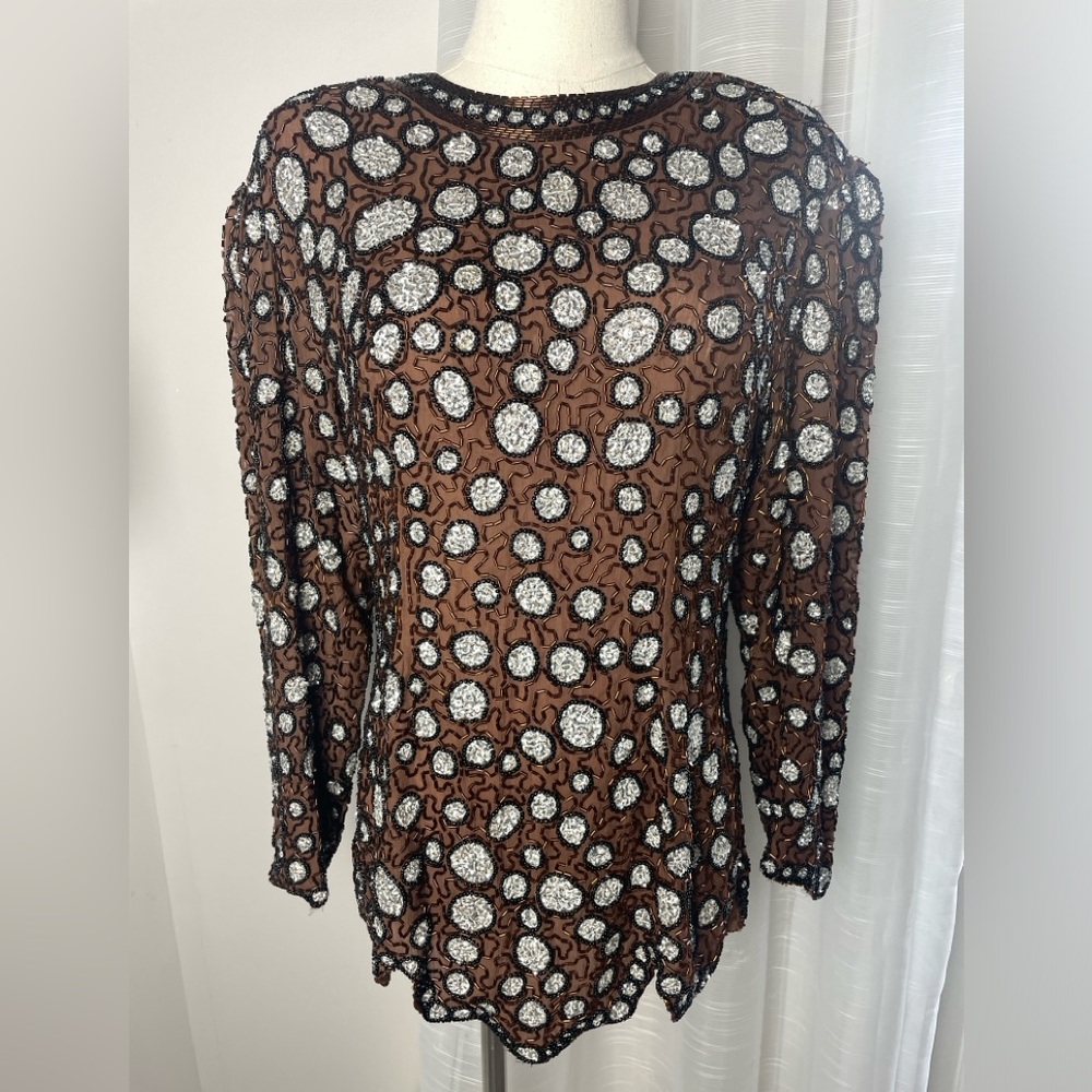 Vintage Judith Ann Creations Brown Silk Beaded Top with Shoulder Pads Small